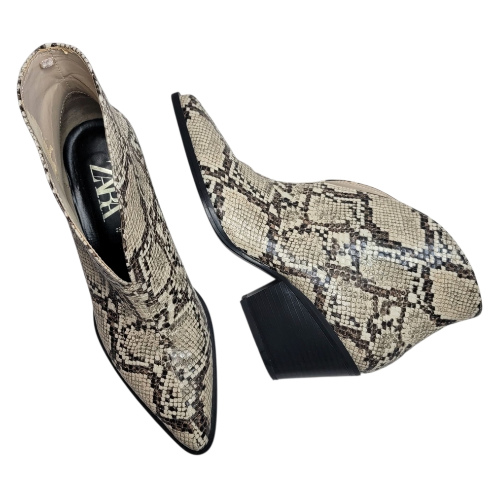 ZARA V Vamp Snake‎ Print Block Heeled Ankle Boots Booties Size 38 or US 7.5
